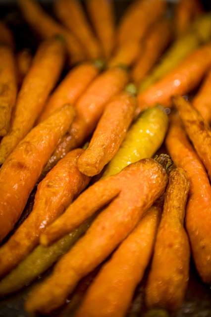 Gros plan sur des carottes fraîches issues du potager du restaurant La Table d’Elka, prêtes à être cuisinées.